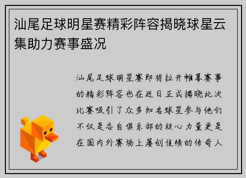 汕尾足球明星赛精彩阵容揭晓球星云集助力赛事盛况